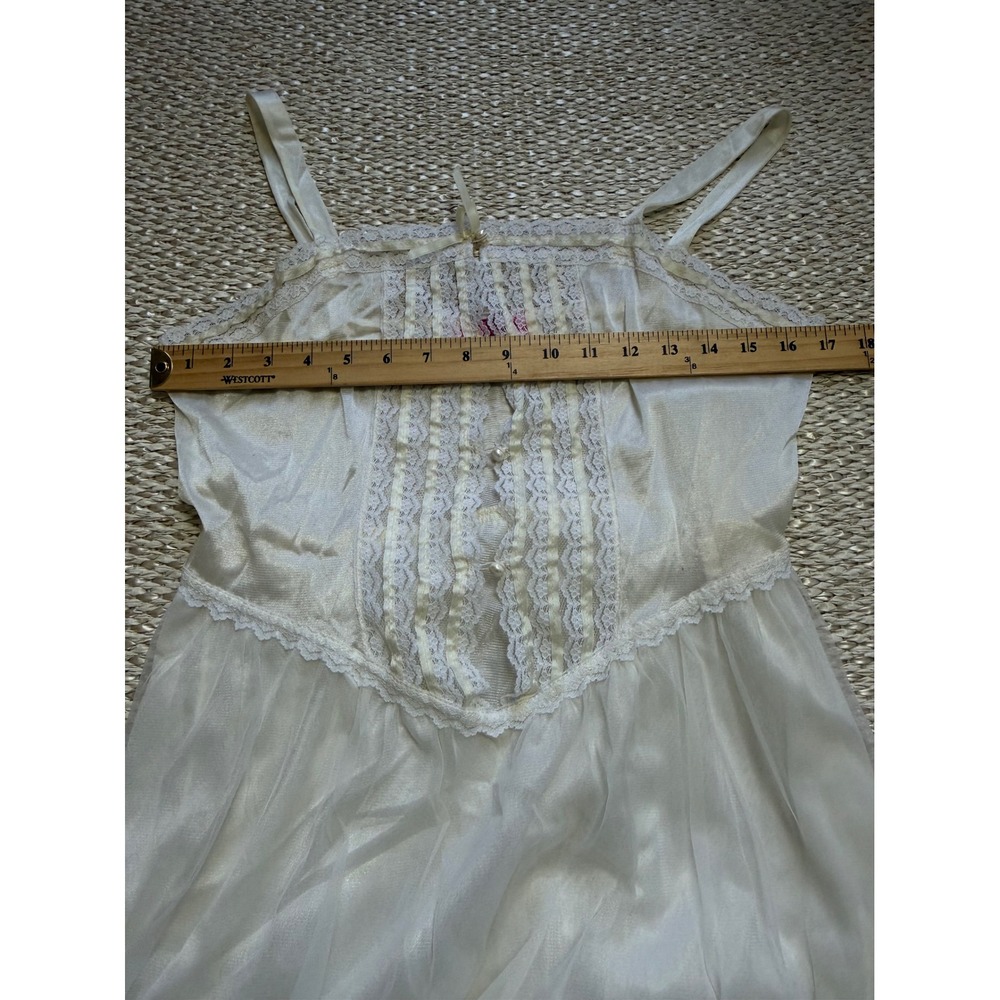 Vintage Cream Lace Trim Nightgown Sheer Maxi slip Pearl Detail romantic Wedding - Picture 16 of 16